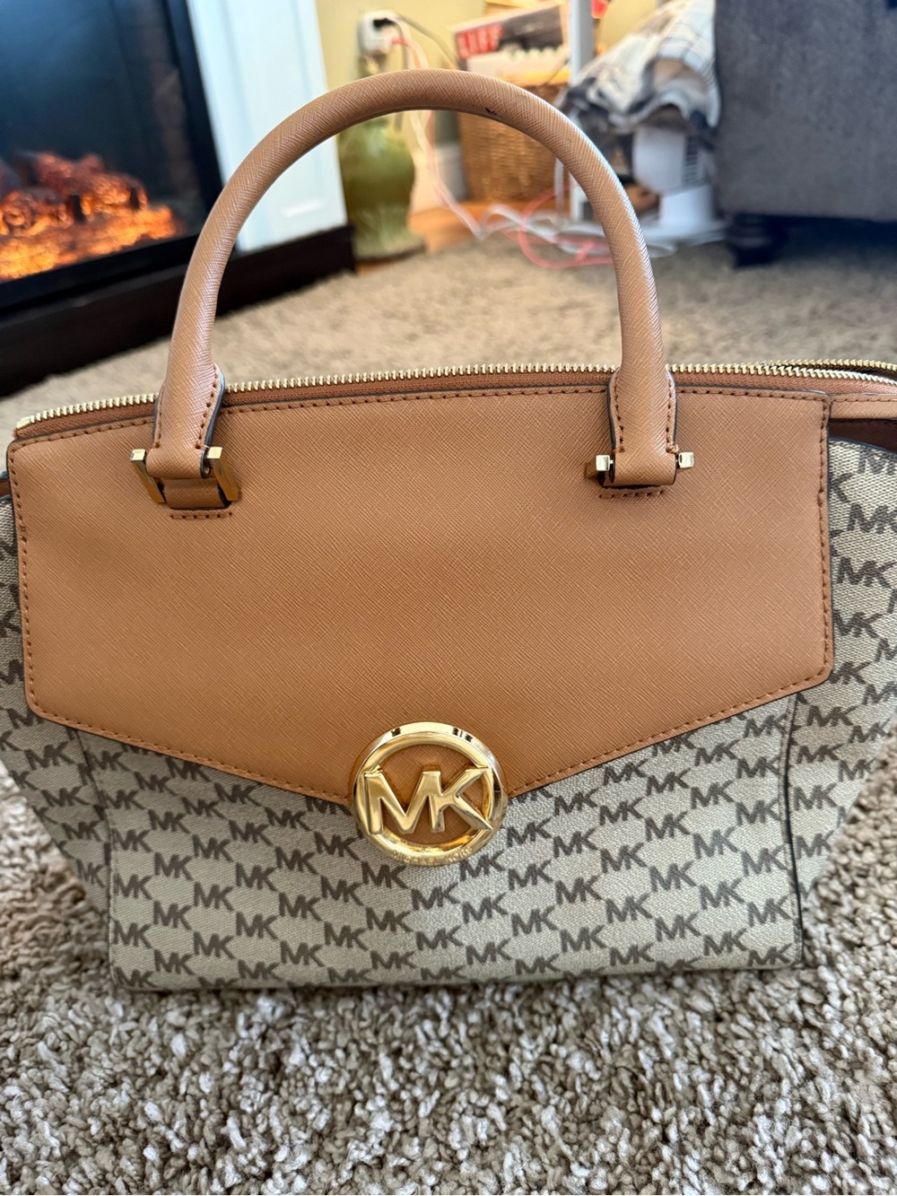 Michael Kors Tan and Beige MK Logo Satchel - Picture 2 of 5